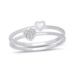 Heart-Shaped Multi-Diamond Accent and Polished Heart Two Piece Stackable Ring Set in 10K White Gold