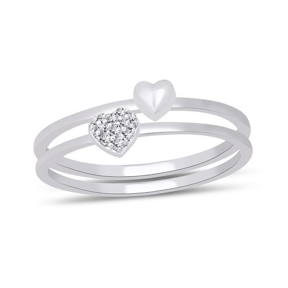 Heart-Shaped Multi-Diamond Accent and Polished Heart Two Piece Stackable Ring Set in 10K White Gold
