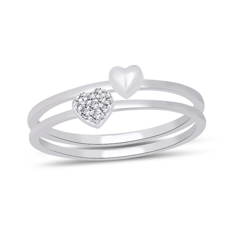 Main Image 1 of Heart-Shaped Multi-Diamond Accent and Polished Heart Two Piece Stackable Ring Set in 10K White Gold