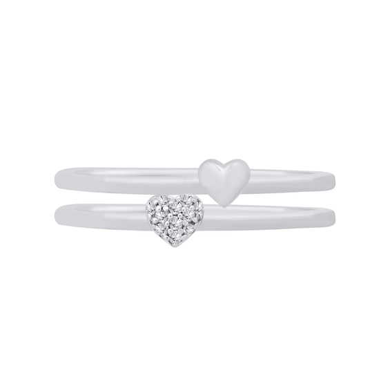 Heart-Shaped Multi-Diamond Accent and Polished Heart Two Piece Stackable Ring Set in 10K White Gold