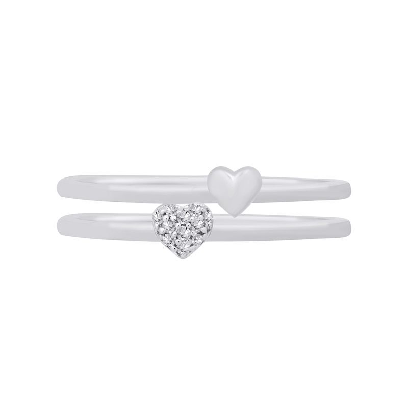 Main Image 3 of Heart-Shaped Multi-Diamond Accent and Polished Heart Two Piece Stackable Ring Set in 10K White Gold