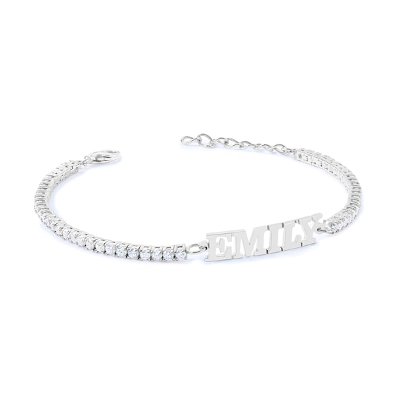Cubic Zirconia Tennis-Style Name Bracelet in Sterling Silver (1 Line)