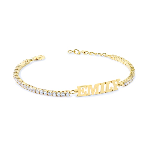Cubic Zirconia Tennis-Style Name Bracelet in Sterling Silver with 14K Gold Plate (1 Line)