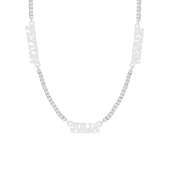 Cubic Zirconia Tennis-Style Name Station Necklace in Sterling Silver (3 Lines)