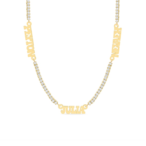 Cubic Zirconia Tennis-Style Name Station Necklace in Sterling Silver with 14K Gold Plate (3 Lines)