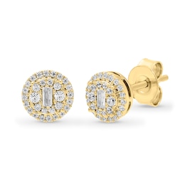 1/4 CT. T.W. Baguette and Round Multi-Diamond Frame Stud Earrings in 10K Gold
