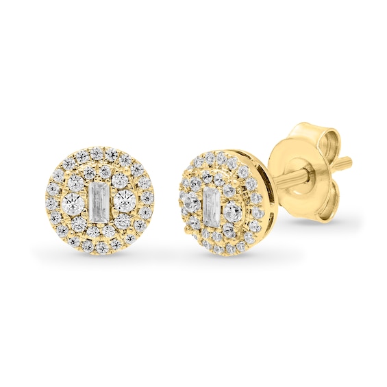 1/4 CT. T.w. Baguette and Round Multi-Diamond Frame Stud Earrings in 10K Gold