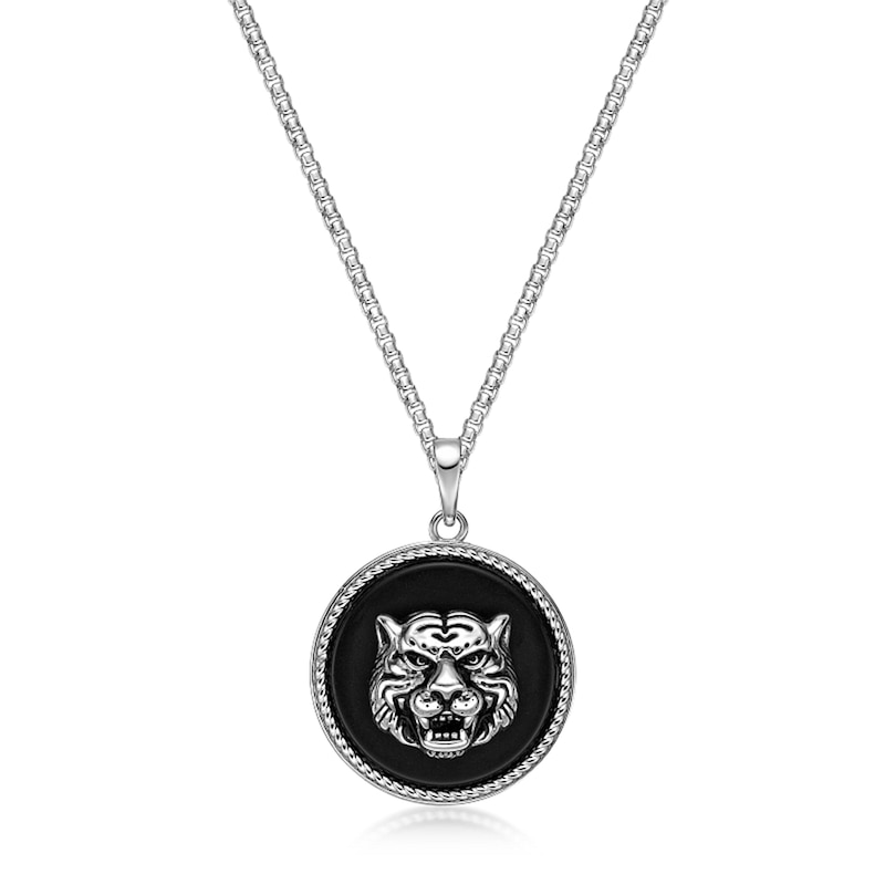 Main Image 1 of 24.0mm Black Quartz Oxidized Tiger Frame Pendant in Sterling Silver - 24”