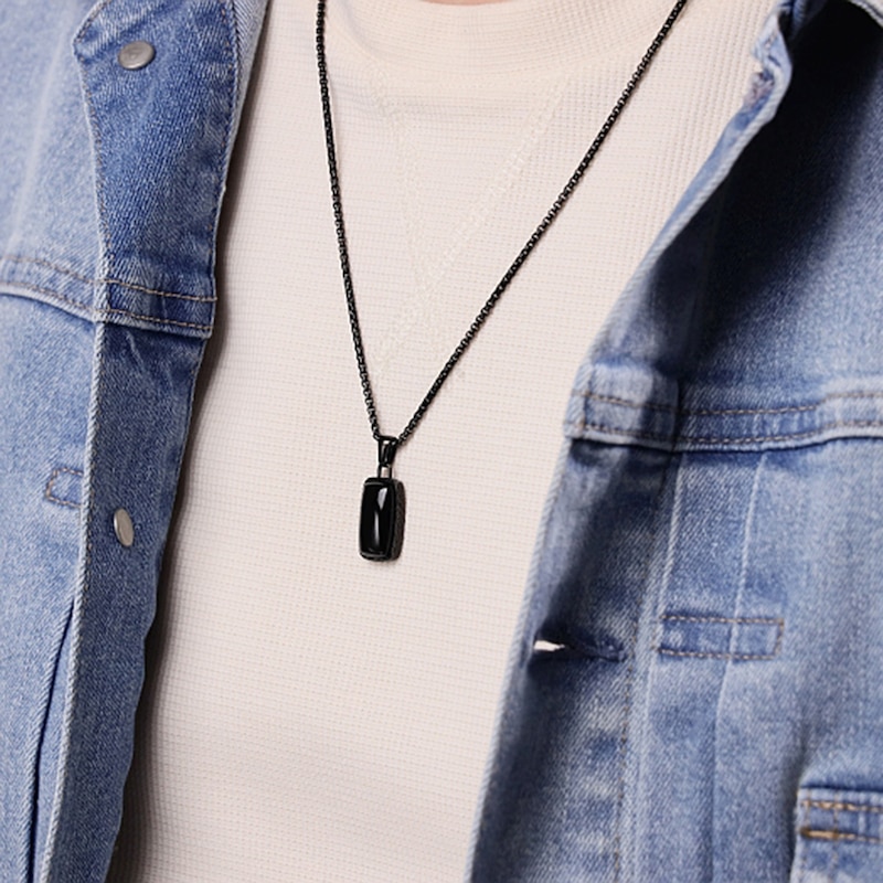 Main Image 2 of Elongated Cushion-Shaped Onyx Pendant in Stainless Steel with Black Ion Plate - 24”