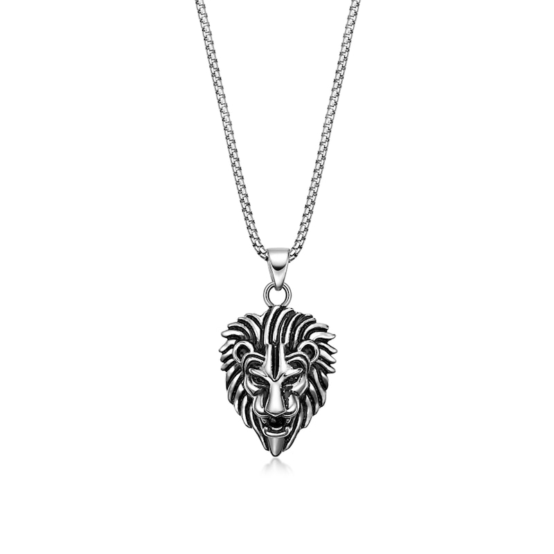 Main Image 1 of Antique-Finish Lion Head Pendant in Stainless Steel - 24”