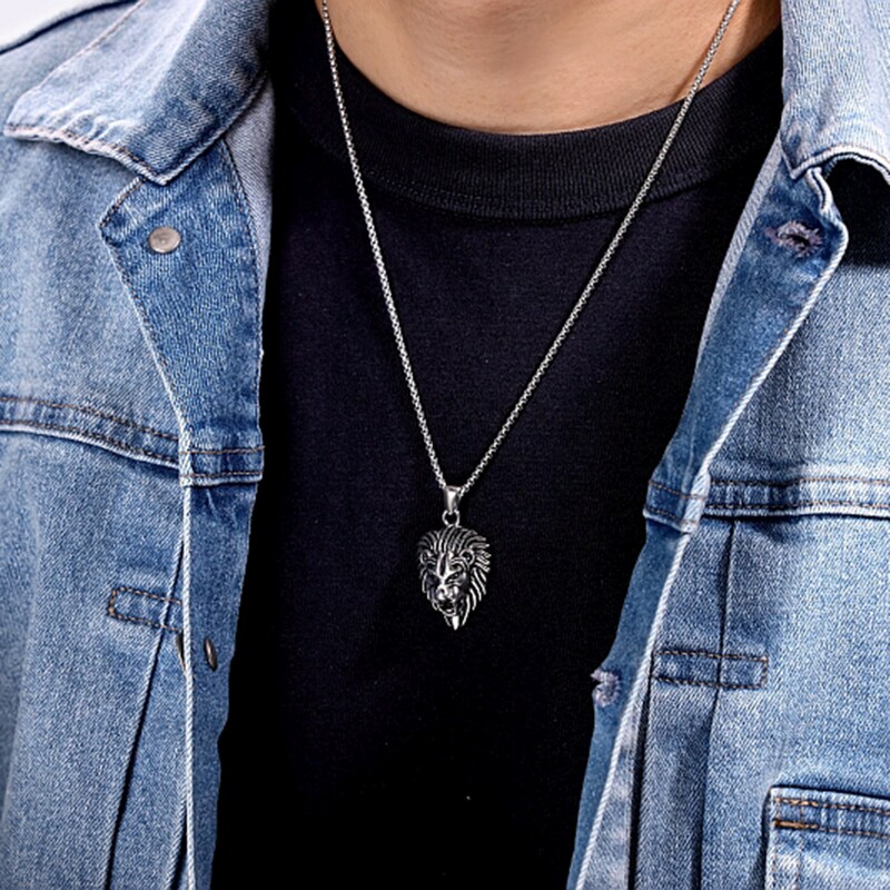Main Image 2 of Antique-Finish Lion Head Pendant in Stainless Steel - 24”