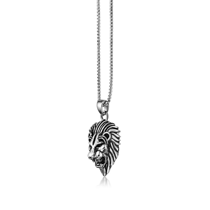 Main Image 3 of Antique-Finish Lion Head Pendant in Stainless Steel - 24”
