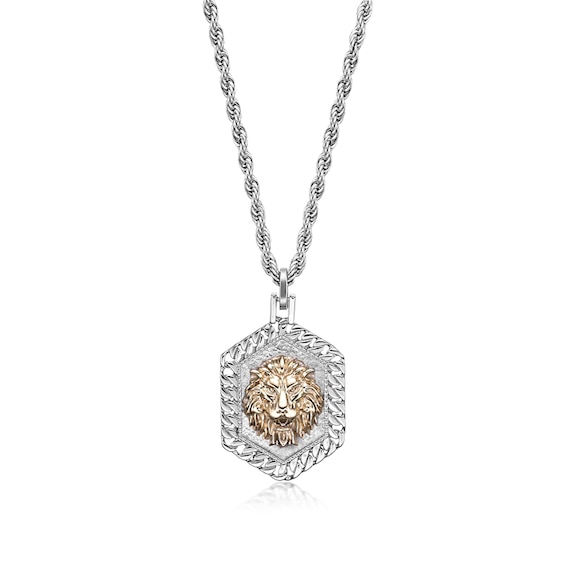 Lion Head Chain Link Frame Hexagon Dog Tag Pendant in Stainless Steel and Yellow Ion Plate - 24â
