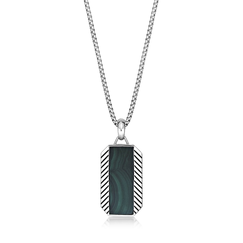 Main Image 1 of Rectangle Malachite Octagon Pendant in Sterling Silver - 24”
