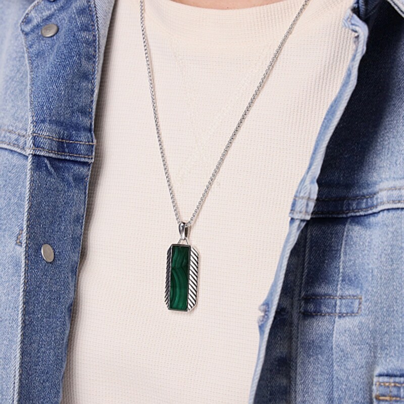 Main Image 2 of Rectangle Malachite Octagon Pendant in Sterling Silver - 24”