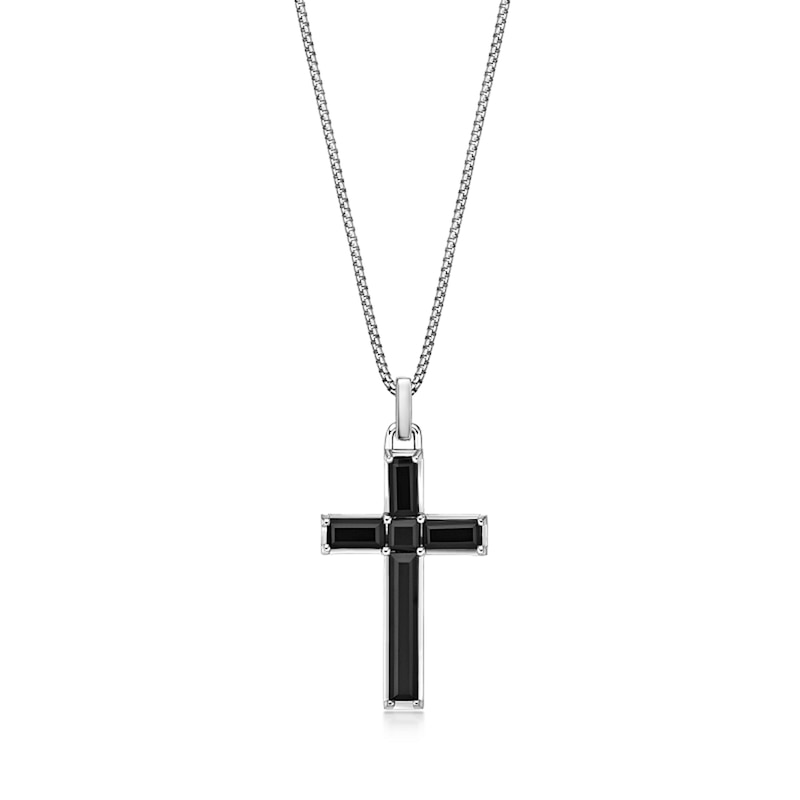 Main Image 1 of Baguette and Square Onyx Cross Pendant in Sterling Silver - 24”