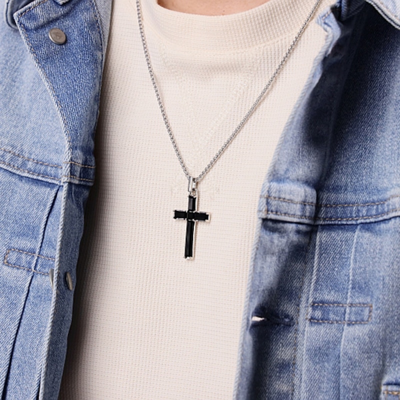 Main Image 2 of Baguette and Square Onyx Cross Pendant in Sterling Silver - 24”