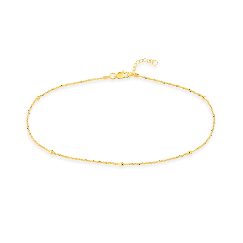 Main Image 1 of 1.15mm Diamond-Cut Brilliance Bead Station Curb Chain Anklet in Solid 14K Gold - 10"