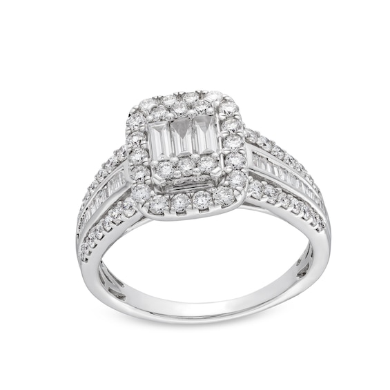 1 CT. T.w. Emerald-Shaped Multi-Diamond Frame Triple Row Engagement Ring in 14K White Gold