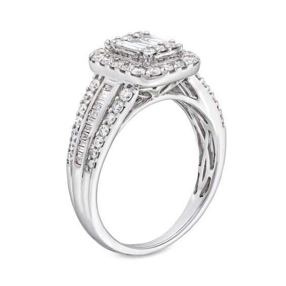 1 CT. T.w. Emerald-Shaped Multi-Diamond Frame Triple Row Engagement Ring in 14K White Gold