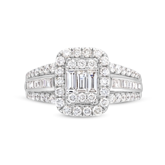 1 CT. T.w. Emerald-Shaped Multi-Diamond Frame Triple Row Engagement Ring in 14K White Gold