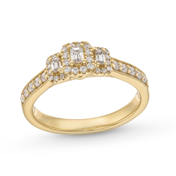 1/2 CT. T.w. Emerald and Baguette-Cut Diamond Frame Past Present Future® Engagement Ring in 14K Gold