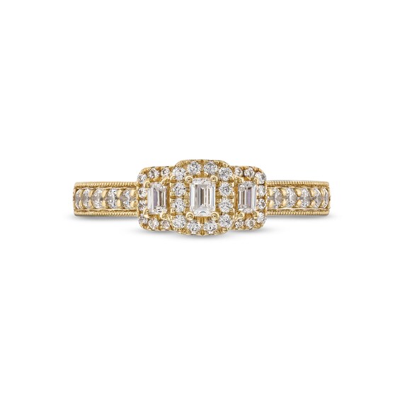 1/2 CT. T.w. Emerald and Baguette-Cut Diamond Frame Past Present FutureÂ® Engagement Ring in 14K Gold
