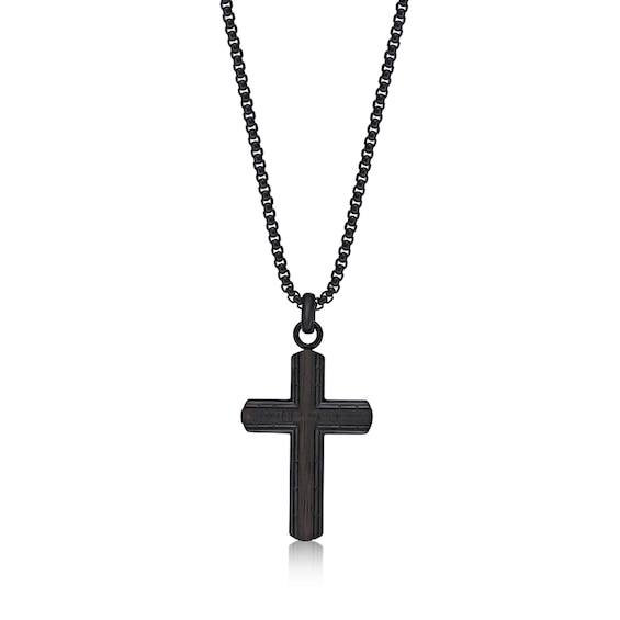 Cross Pendant in Stainless Steel with Black Ion Plate and Wood Inlay - 24â