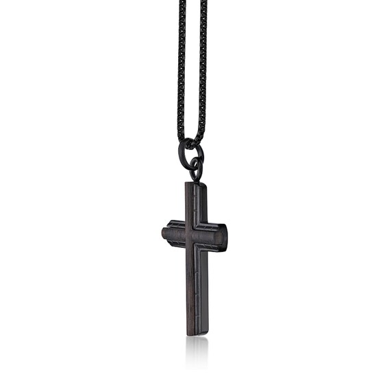 Cross Pendant in Stainless Steel with Black Ion Plate and Wood Inlay - 24â
