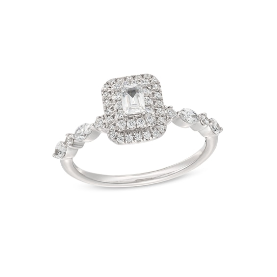 3/4 CT. T.w. Emerald-Cut Diamond Double Frame Alternating Shank Engagement Ring in 14K White Gold