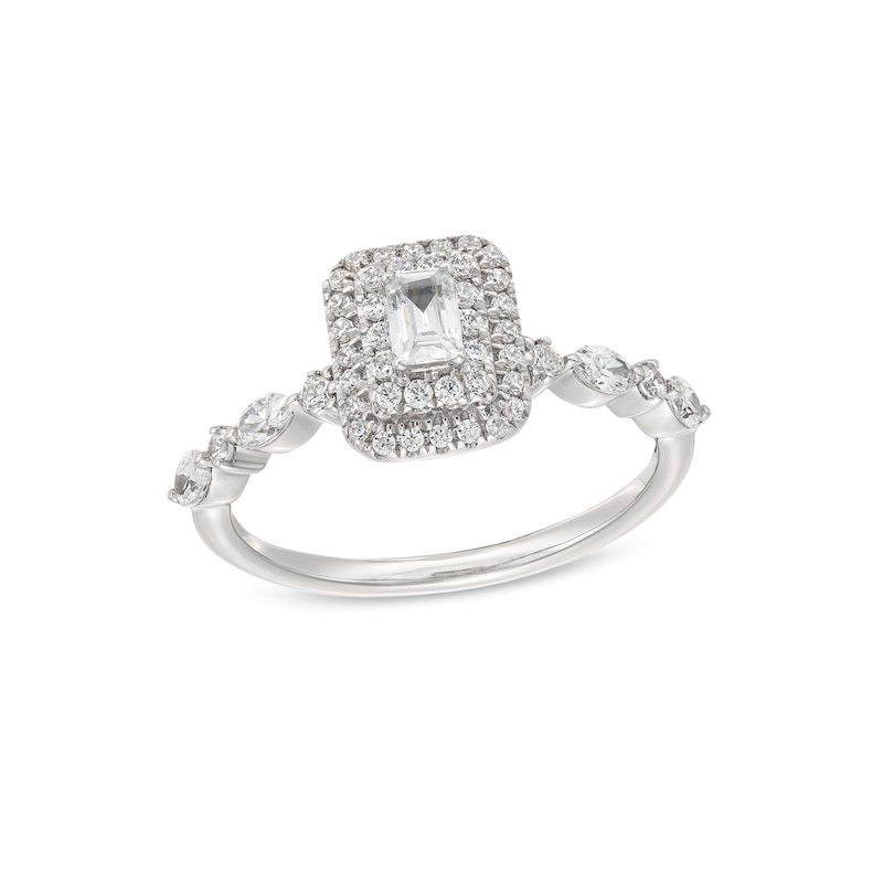Main Image 1 of 3/4 CT. T.W. Emerald-Cut Diamond Double Frame Alternating Shank Engagement Ring in 14K White Gold