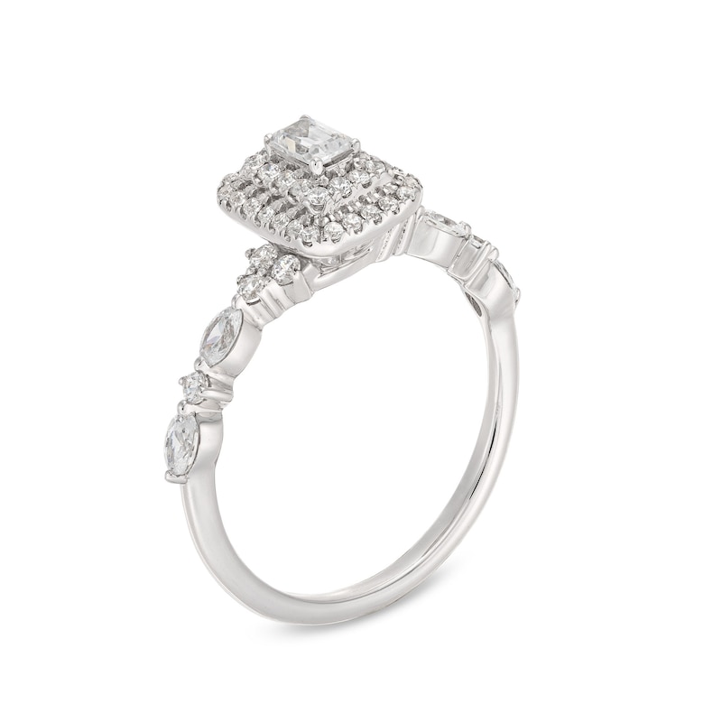 Main Image 3 of 3/4 CT. T.W. Emerald-Cut Diamond Double Frame Alternating Shank Engagement Ring in 14K White Gold