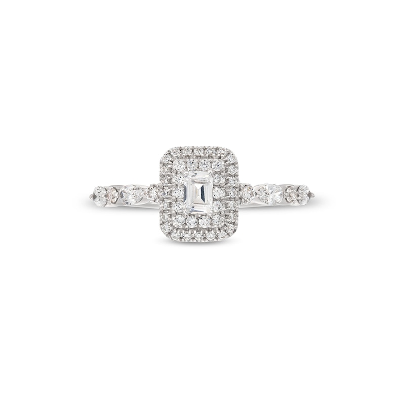 Main Image 4 of 3/4 CT. T.W. Emerald-Cut Diamond Double Frame Alternating Shank Engagement Ring in 14K White Gold