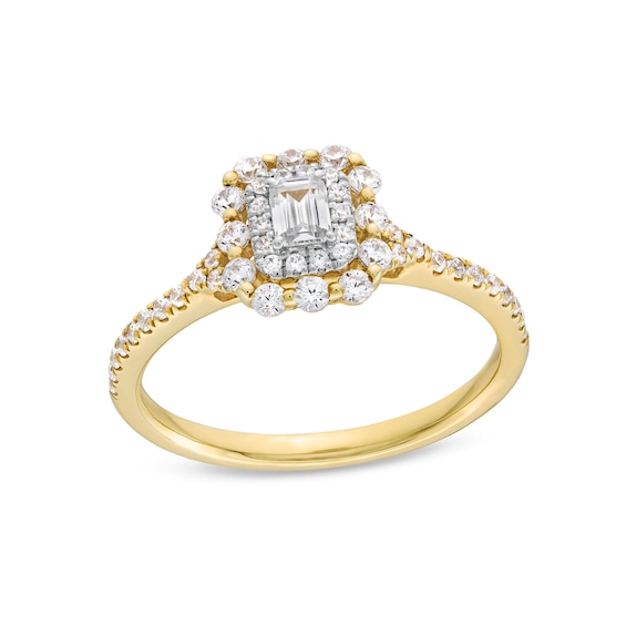 1/2 CT. T.w. Emerald-Cut Diamond Double Scallop Frame Engagement Ring in 14K Gold