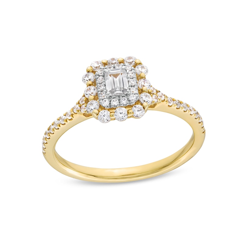 Main Image 1 of 1/2 CT. T.W. Emerald-Cut Diamond Double Scallop Frame Engagement Ring in 14K Gold
