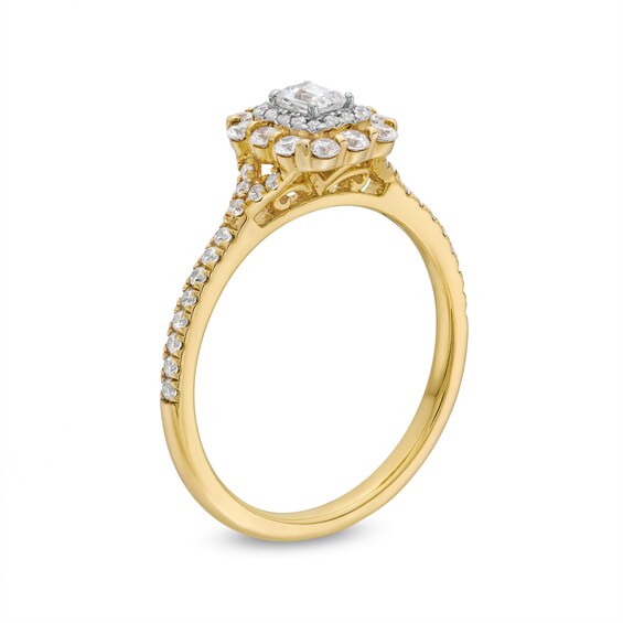 1/2 CT. T.w. Emerald-Cut Diamond Double Scallop Frame Engagement Ring in 14K Gold