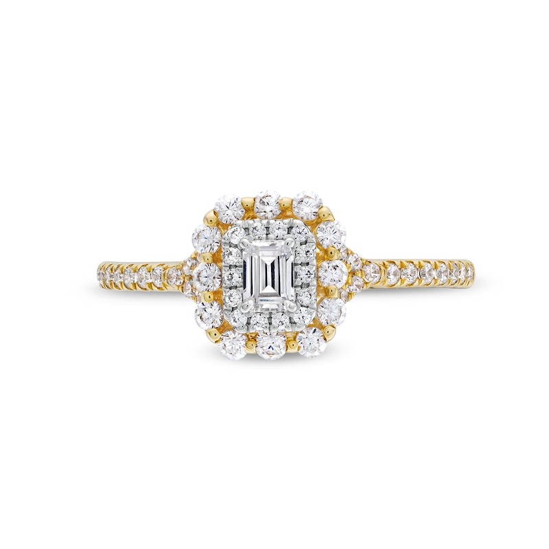 Main Image 4 of 1/2 CT. T.W. Emerald-Cut Diamond Double Scallop Frame Engagement Ring in 14K Gold