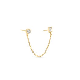 1/10 CT. T.W. Baguette and Round Diamond with Chain Single Stud Earring in Solid 14K Gold