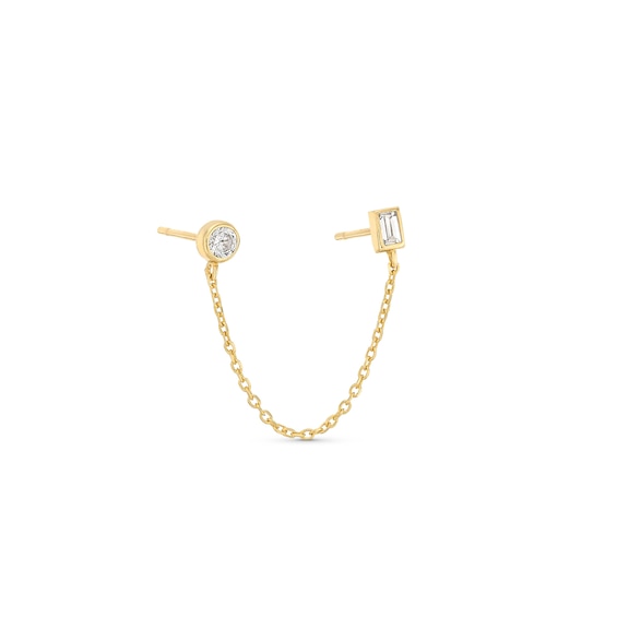 1/10 CT. T.w. Baguette and Round Diamond with Chain Single Stud Earring in Solid 14K Gold