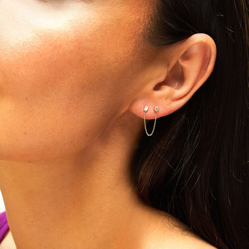 Main Image 2 of 1/10 CT. T.W. Baguette and Round Diamond with Chain Single Stud Earring in Solid 14K Gold