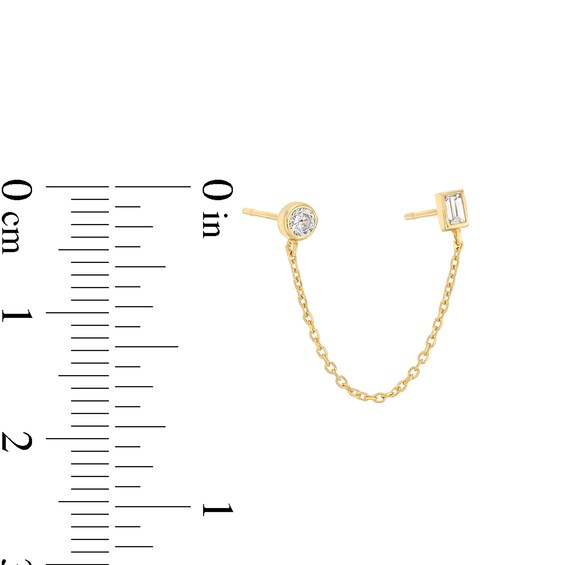 1/10 CT. T.w. Baguette and Round Diamond with Chain Single Stud Earring in Solid 14K Gold