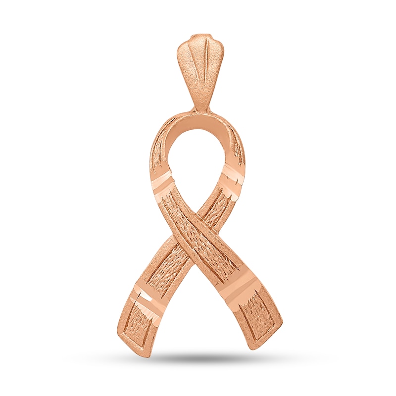 Main Image 1 of Diamond-Cut Awareness Ribbon Necklace Charm in Solid 14K Rose Gold
