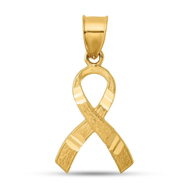 Main Image 1 of Diamond-Cut Awareness Ribbon Necklace Charm in Solid 14K Gold