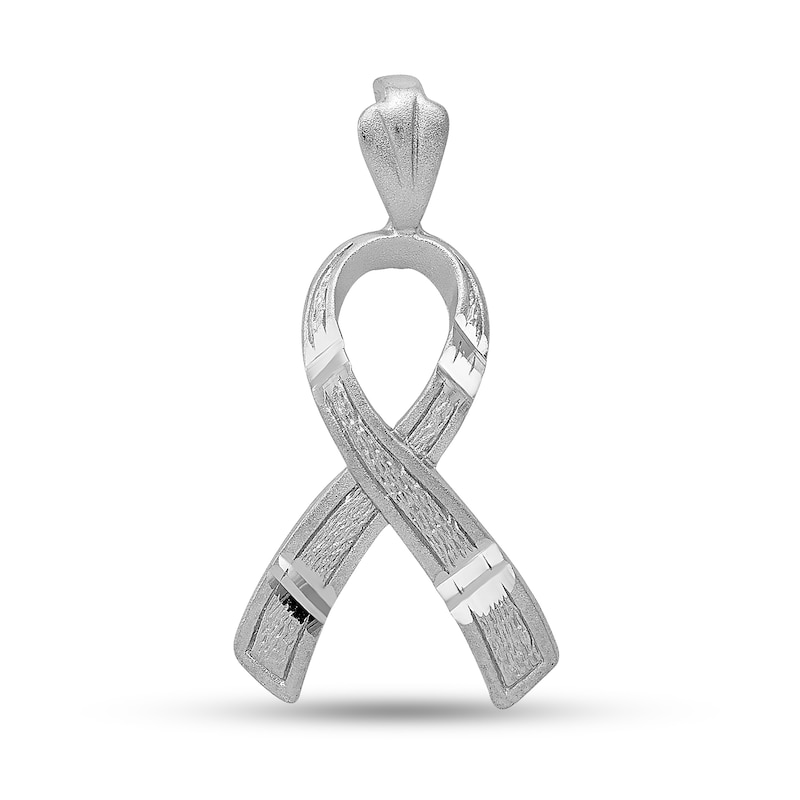 Main Image 1 of Diamond-Cut Awareness Ribbon Necklace Charm in Solid 14K White Gold