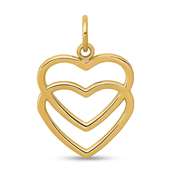 Layered Double Heart Necklace Charm in Solid 14K Gold