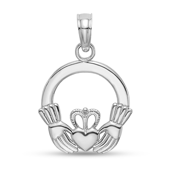 Claddagh Circle Necklace Charm in Solid 14K White Gold