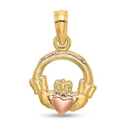Claddagh Circle Necklace Charm in Solid 14K Two-Tone Gold