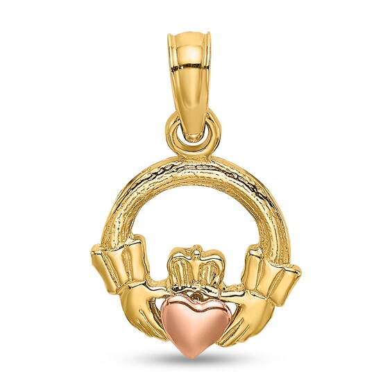 Claddagh Circle Necklace Charm in Solid 14K Two-Tone Gold