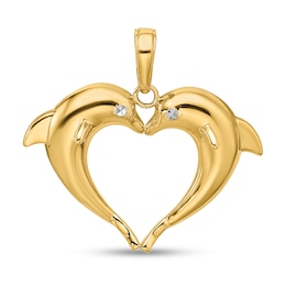 Double-Dolphin Heart Necklace Charm in Solid 14K Gold