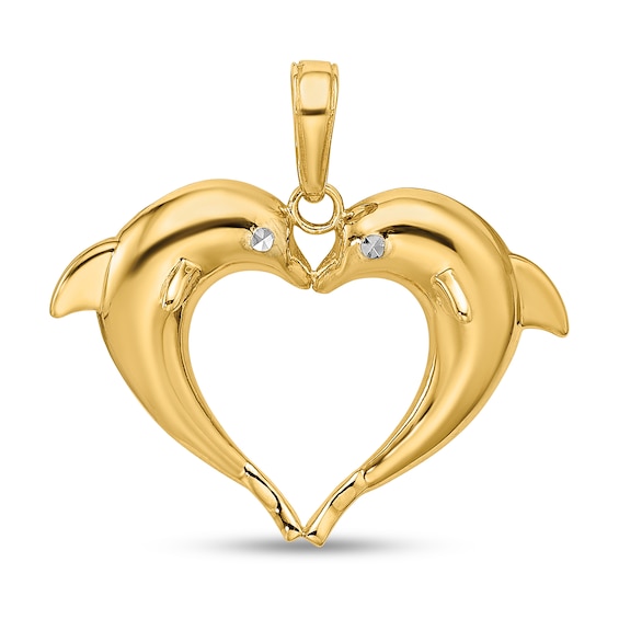 Double-Dolphin Heart Necklace Charm in Solid 14K Gold